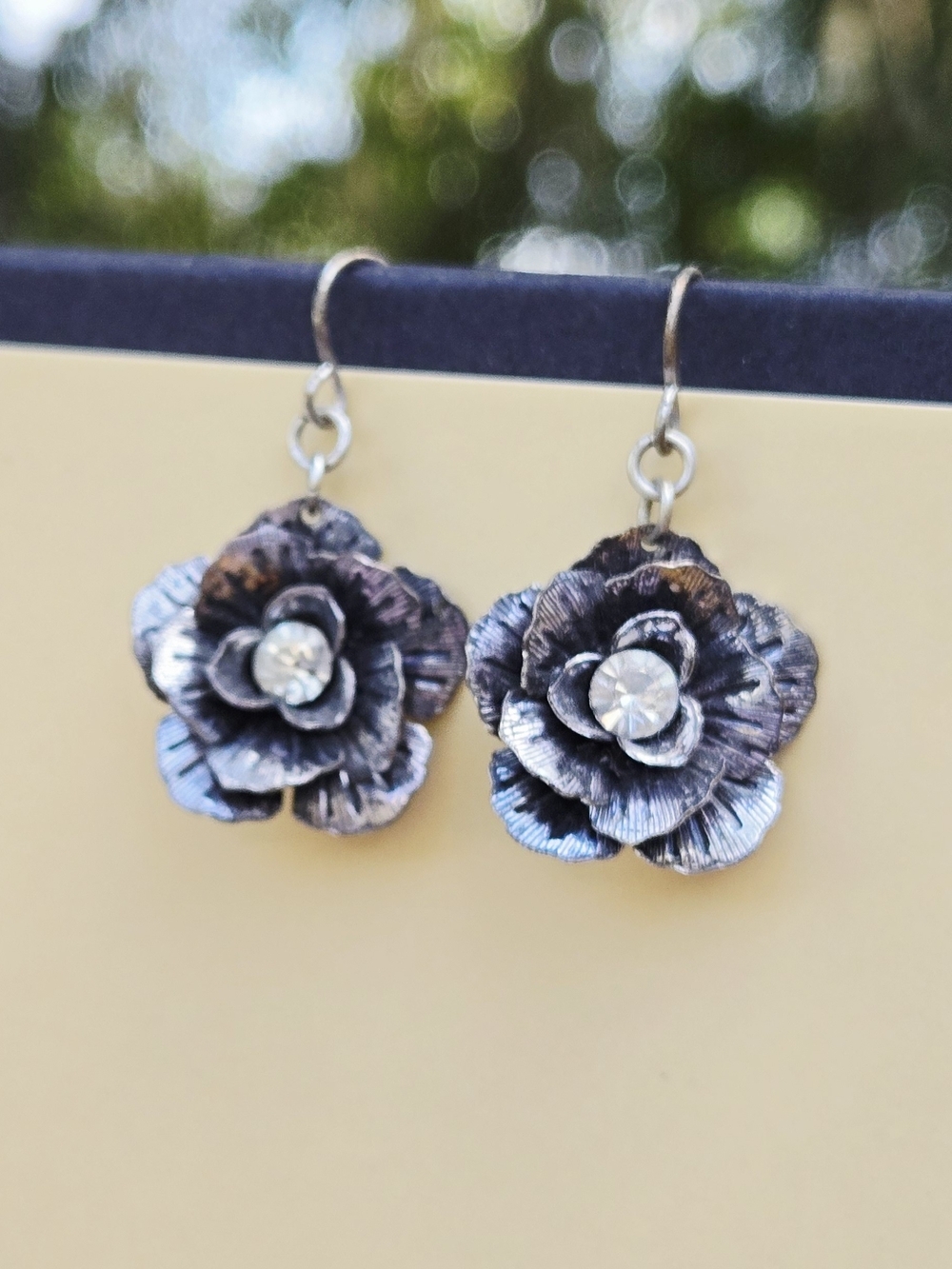 Premier Designs VTG Silver-Tone Floral Drop Earrings with Clear Rhinestone